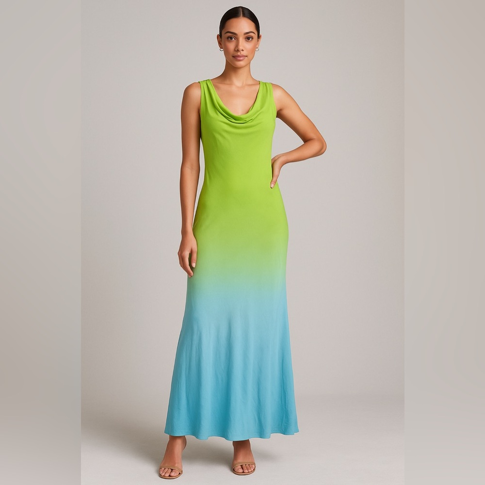 Vintage Y2K Newport News Green‑to‑Blue Ombre Rayon Maxi Dress Size 10 Cowl Neck